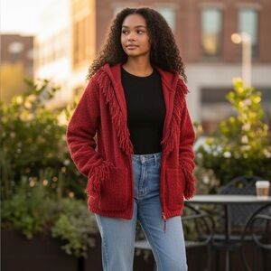 Halukoko Red Zip Up Hood Cardigan Sweater w/ Fringe Around Hood Lining & Sleeves